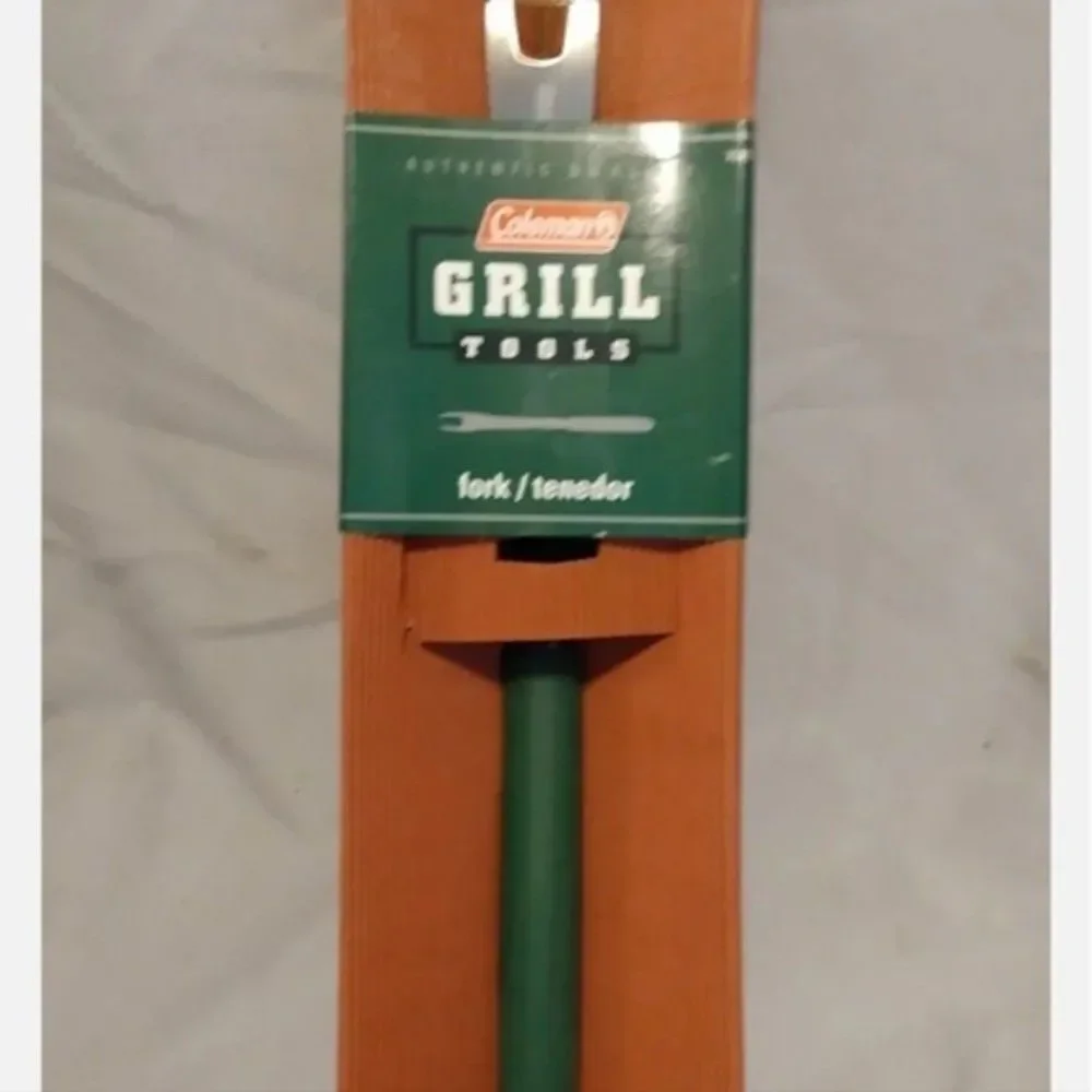 Meat Fork Coleman BBQ Grill Tool Green Handle Stainless Steel kitchen vtg